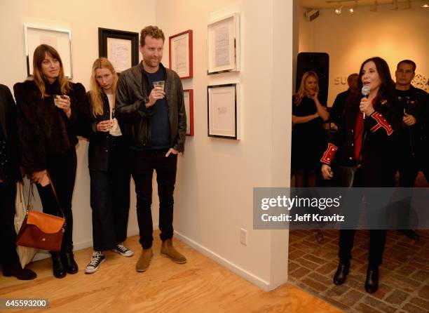 Author Olivia Harrison speaks during the "I ME MINE" George Harrison book launch at Subliminal Projects Gallery on February 25, 2017 in Los Angeles,...