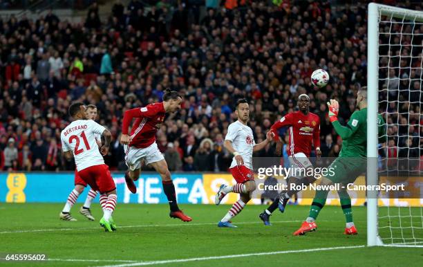 Manchester United's Zlatan Ibrahimovic scores his sides third goal during the EFL Cup Final match between Manchester United and Southampton at...