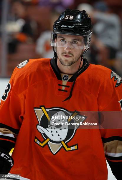Nicolas Kerdiles of the Anaheim Ducks looks on during warmups before his NHL debut in a game against the Boston Bruins on February 22, 2017 at Honda...