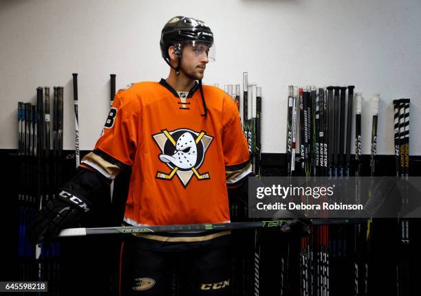 Nicolas Kerdiles of the Anaheim Ducks gets ready to make his NHL debut in a game against the Boston Bruins on February 22, 2017 at Honda Center in...