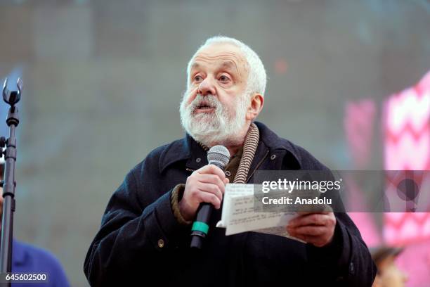 British writer and director Mike Leigh addresses the crowd as thousands gather to watch a free screening and UK premier of Iranian film The Salesman...