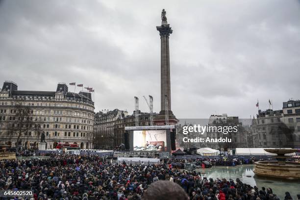 People attend the free screening and UK premier of Iranian film The Salesman in Trafalgar Square on February 26, 2017 in London, England. The film's...