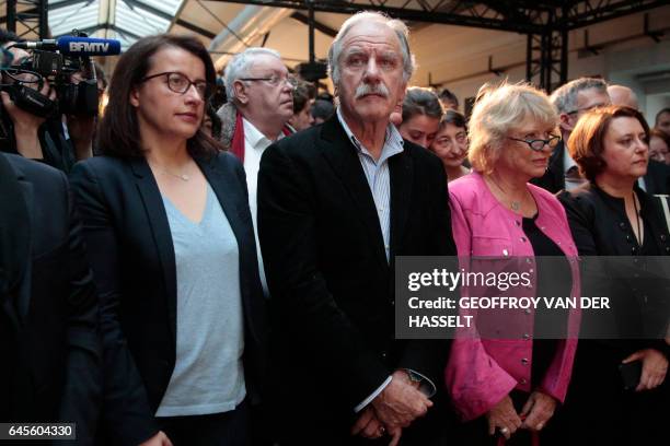 Members of French Green Party Europe-Ecologie-Les Verts Cecile Duflot, Noel Mamere and Eva Joly listen to a speech during a press conference of...