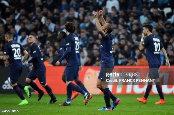 Paris Saint-Germain's Brazilian midfielder Lucas Moura celebrates after a goal during the French L1 football match Marseille vs Paris on February 26...