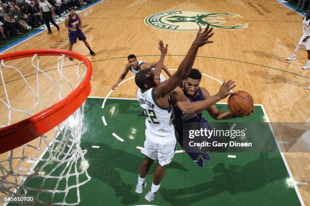 Milwaukee, WI Alan Williams of the Phoenix Suns shoots the ball against the Milwaukee Bucks on February 26, 2017 at the BMO Harris Bradley Center in...