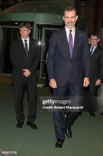 King Felipe of Spain and President of Catalunya Carles Puigdemont attend the official dinner of the Mobile World Congress 2017 at Palau de la Musica...