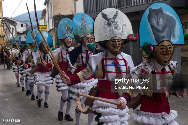 Group of peliqueiros of the Galician locality of Laza, Spain during the celebration of the carnival on February 26, 2017 The Carnival of Laza is a...