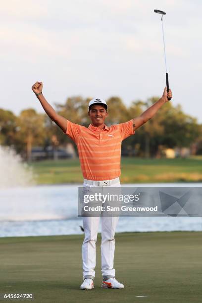 Rickie Fowler of the United States celebrates winning on the 18th green during the final round of The Honda Classic at PGA National Resort and Spa on...
