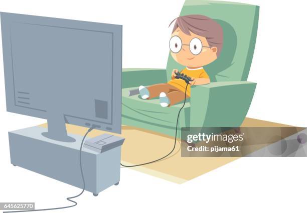 cartoon boy gamer playing games - playful stock illustrations