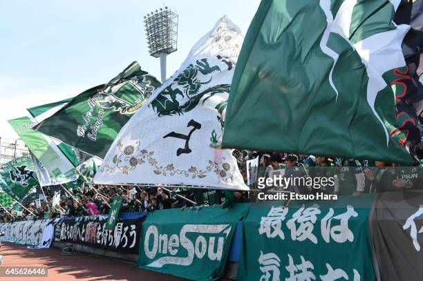 Fans of Matsumoto Yamaga cheer during the J.League J2 match between Yokohama FC and Matsumoto Yamaga at Nippatsu Mitsuzawa Stadium on February 26,...