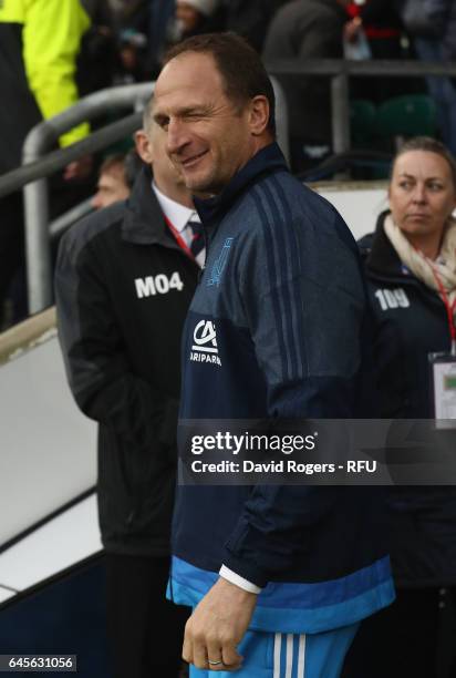 Mike Catt, the Italy backs coach looks on during the RBS Six Nations match between England and Italy at Twickenham Stadium on February 26, 2017 in...