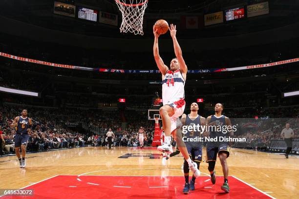 Andrew Nicholson of the Washington Wizards goes for a lay up during the game against the Utah Jazz on February 26, 2017 at Verizon Center in...