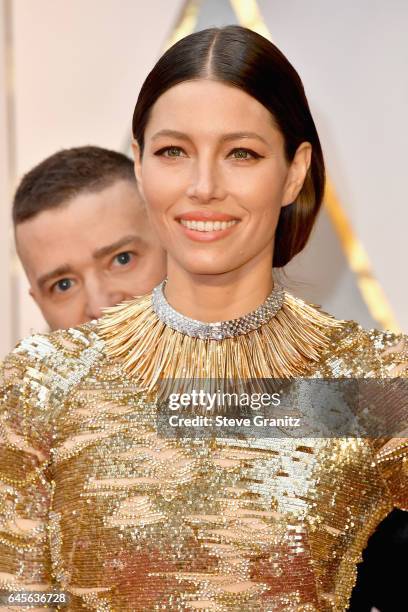 Entertainer Justin Timberlake photobombs actor Jessica Biel during the 89th Annual Academy Awards at Hollywood & Highland Center on February 26, 2017...