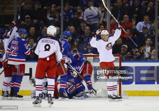 Alexander Wennberg of the Columbus Blue Jackets celebrates his goal at 9:47 of the second period against the New York Rangers at Madison Square...