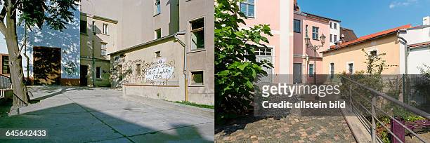Sachsen, Wurzen: links: Wenceslaigasse, Wand mit rechtsradikalen Schmierereien und Nazi-Parolen hinter dem RathausOktober 1990 rechts:...