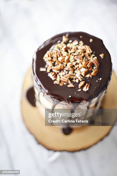 top view of a chocolate glazed nakked cake - ready to eat stock pictures, royalty-free photos & images