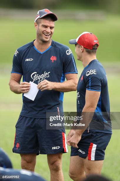 Matt King shares a laugh with Luke Keary during the Sydney Roosters NRL training session at Kippax Lake on February 27, 2017 in Sydney, Australia.