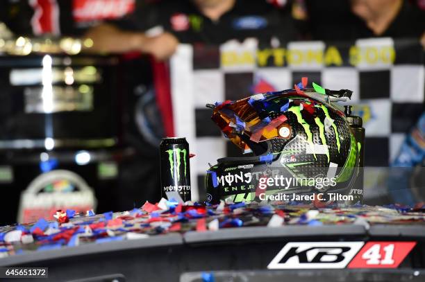 Detailed view of the helmet of Kurt Busch, driver of the Haas Automation/Monster Energy Ford, after winning the 59th Annual DAYTONA 500 at Daytona...