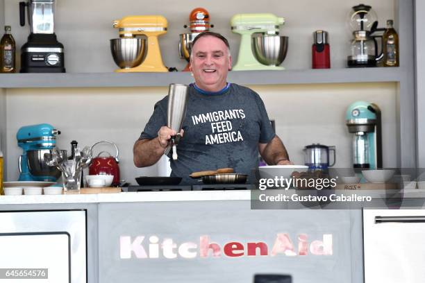 Chef Jose Andres leads a cooking demonstration on stage at Goya Foods' Grand Tasting Village Featuring Mastercard Grand Tasting Tents & KitchenAid...