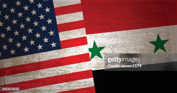 ilustraciones, imágenes clip art, dibujos animados e iconos de stock de estados unidos y siria bandera con fondo de textura grunge - bandera de siria