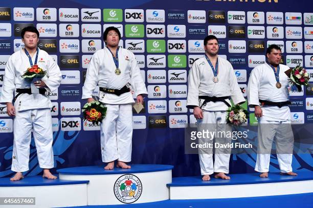 Over 100kg medallists L-R: Silver; Hisayoshi Harasawa of Japan, Gold; Kokoro Kageura of Japan, Bronzes; Barna Bor of Hungary and Yerzhan Shynkeyev of...