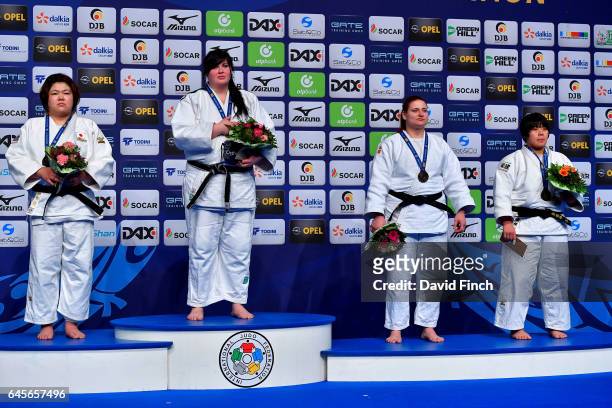 Over 78kg medallists L-R: Silver; Megumi Tachimoto of Japan, Gold; Iryna Kindzerska of Ukraine, Bronzes; Larisa Ceric of Bosnia and Herzegovina and...