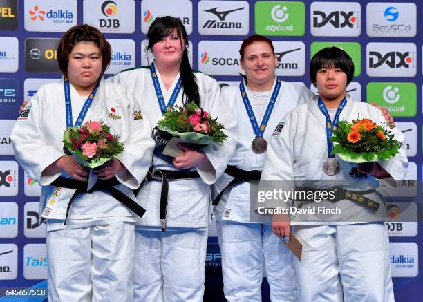 Over 78kg medallists L-R: Silver; Megumi Tachimoto of Japan, Gold; Iryna Kindzerska of Ukraine, Bronzes; Larisa Ceric of Bosnia and Herzegovina and...