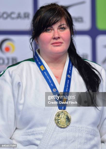 Over 78kg gold medallist, Iryna Kindzerska of Ukraine, during the 2017 Dusseldorf Grand Prix at the Mitsubishi Electric Halle on February 26, 2017 in...