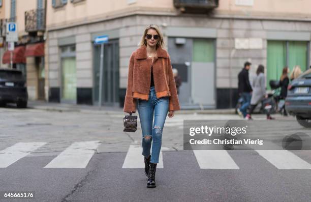 Lisa Hahnbueck wearing Designers Remix Candy Coat Boxy Shearling Coat with large collar and zipper, Citizens of Humanity jeans, OF HUMANITY JEANS,...