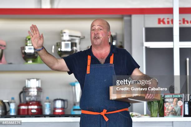 Chef Andrew Zimmern leads a cooking demonstration on stage at Goya Foods' Grand Tasting Village Featuring Mastercard Grand Tasting Tents & KitchenAid...