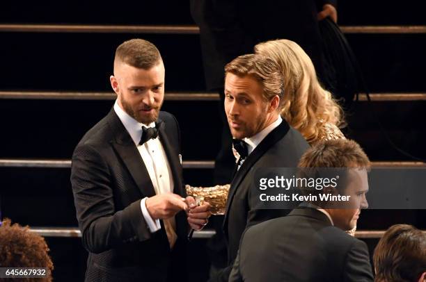 Actors Justin Timberlake and Ryan Gosling in the audience during the 89th Annual Academy Awards at Hollywood & Highland Center on February 26, 2017...