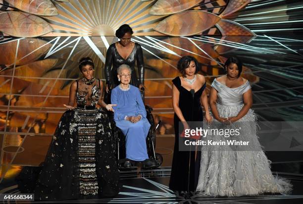 Mathematician Katherine Johnson appears onstage with actors Janelle Monae, Taraji P. Henson and Octavia Spencer speak onstage during the 89th Annual...