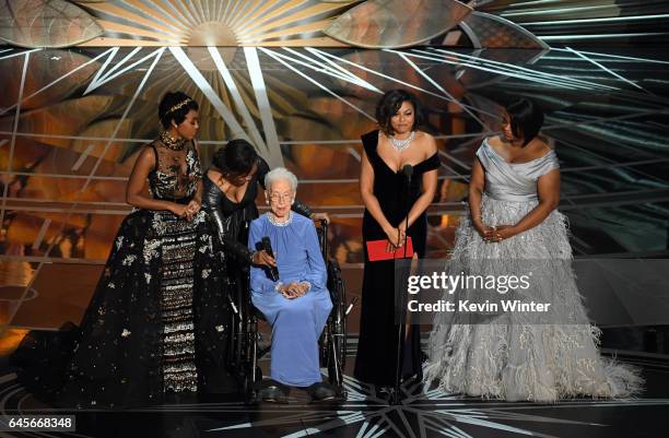 Mathematician Katherine Johnson appears onstage with actors Janelle Monae, Taraji P. Henson and Octavia Spencer speak onstage during the 89th Annual...