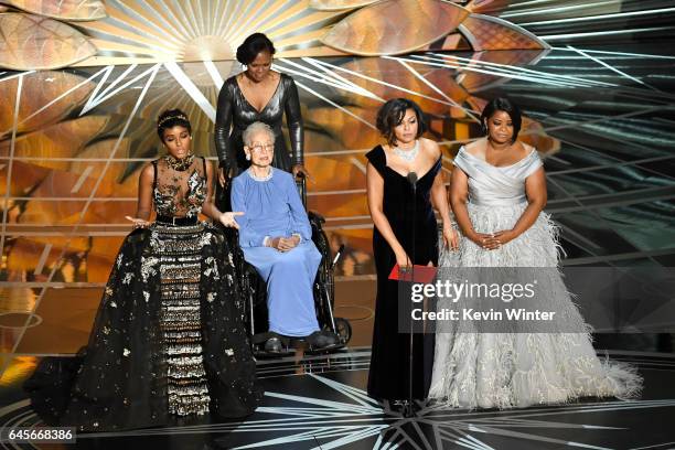 Mathematician Katherine Johnson appears onstage with actors Janelle Monae, Taraji P. Henson and Octavia Spencer speak onstage during the 89th Annual...