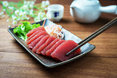 Tuna sashimi, raw fish in traditional Japanese style