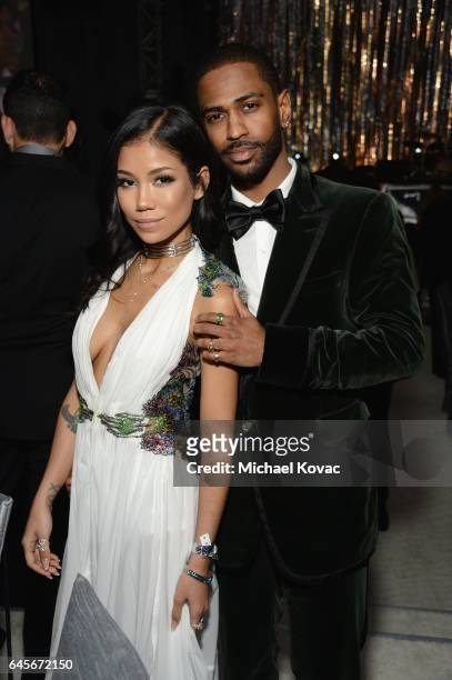 Recording artists Jhene Aiko and Big Sean attend the 25th Annual Elton John AIDS Foundation's Academy Awards Viewing Party at The City of West...