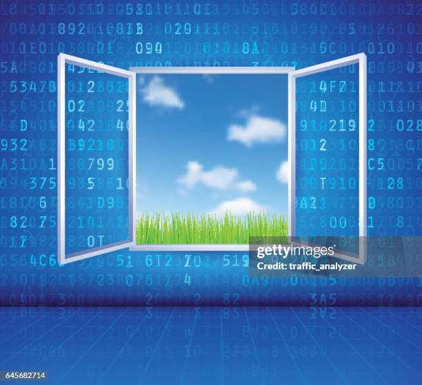 window leading to cloudscape - open field stock illustrations