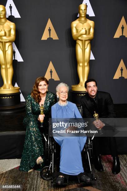 Mathematician Katherine Johnson and director Ezra Edelman and producer Caroline Waterlow , winners of Best Documentary Feature for 'O.J.: Made in...