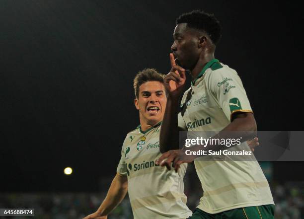 Djaniny Tavares of Santos celebrates after scoring the second goal of his team during the 8th round match between Santos Laguna and Necaxa as part of...