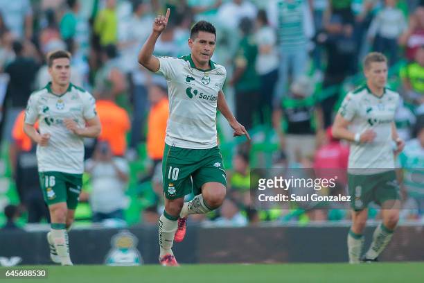 Osvaldo Martinez of Santos celebrates after scoring the first goal of his team during the 8th round match between Santos Laguna and Necaxa as part of...
