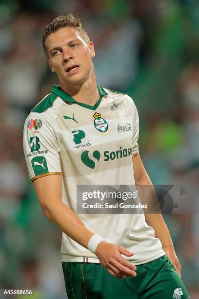 Julio Furch of Santos gestures during the 8th round match between Santos Laguna and Necaxa as part of the Torneo Clausura 2017 Liga MX at Corona...