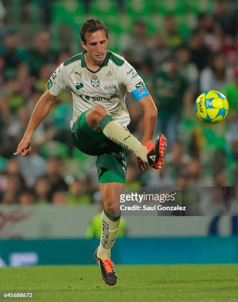 Carlos Izquierdoz of Santos kicks the ball during the 8th round match between Santos Laguna and Necaxa as part of the Torneo Clausura 2017 Liga MX at...