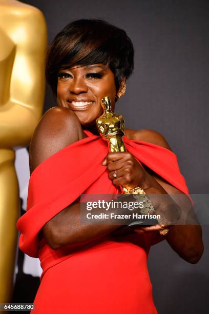 Actor Viola Davis, winner of the Best Supporting Actress award for 'Fences' poses in the press room during the 89th Annual Academy Awards at...