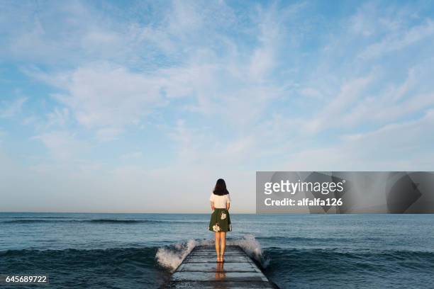 girl at waikiki - mujer de espaldas en paisaje fotografías e imágenes de stock