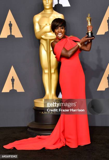 Actor Viola Davis, winner of the Best Supporting Actress award for 'Fences' poses in the press room during the 89th Annual Academy Awards at...