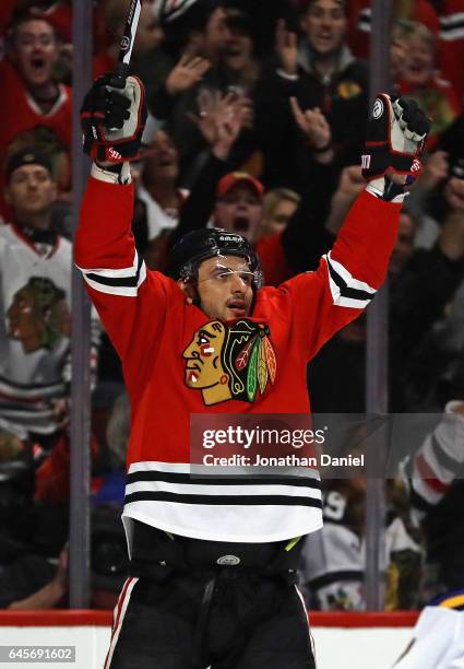 Artem Anisimov of the Chicago Blackhawks celebrates his third period goal against the St. Louis Blues at the United Center on February 26, 2017 in...