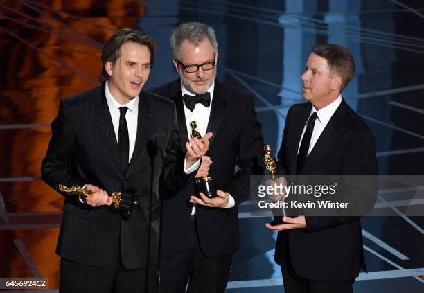 Co-directors Byron Howard and Rich Moore and producer Clark Spencer accept Best Animated Feature Film for 'Zootopia' onstage during the 89th Annual...
