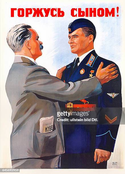 Sowjetunion, Agitation und Propaganda, sowjetisches politisches Plakat, Plakattext: Ich bin stolz auf meinen Sohn!, Grafik: Viktor Goworkow