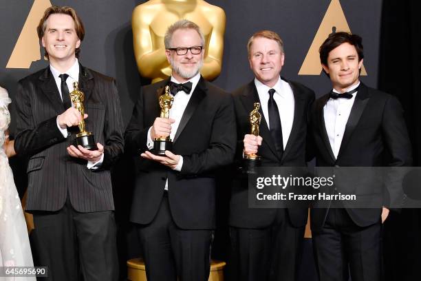 Co-directors Byron Howard and Rich Moore and producer Clark Spencer, winners of the Best Animated Feature Film award for 'Zootopia' and actor Gael...