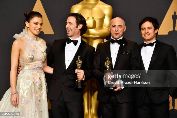 Actor Hailee Steinfeld, director Alan Barillaro and producer Marc Sondheimer, winners of Best Animated Short Film for 'Piper' and actor Gael Garcia...